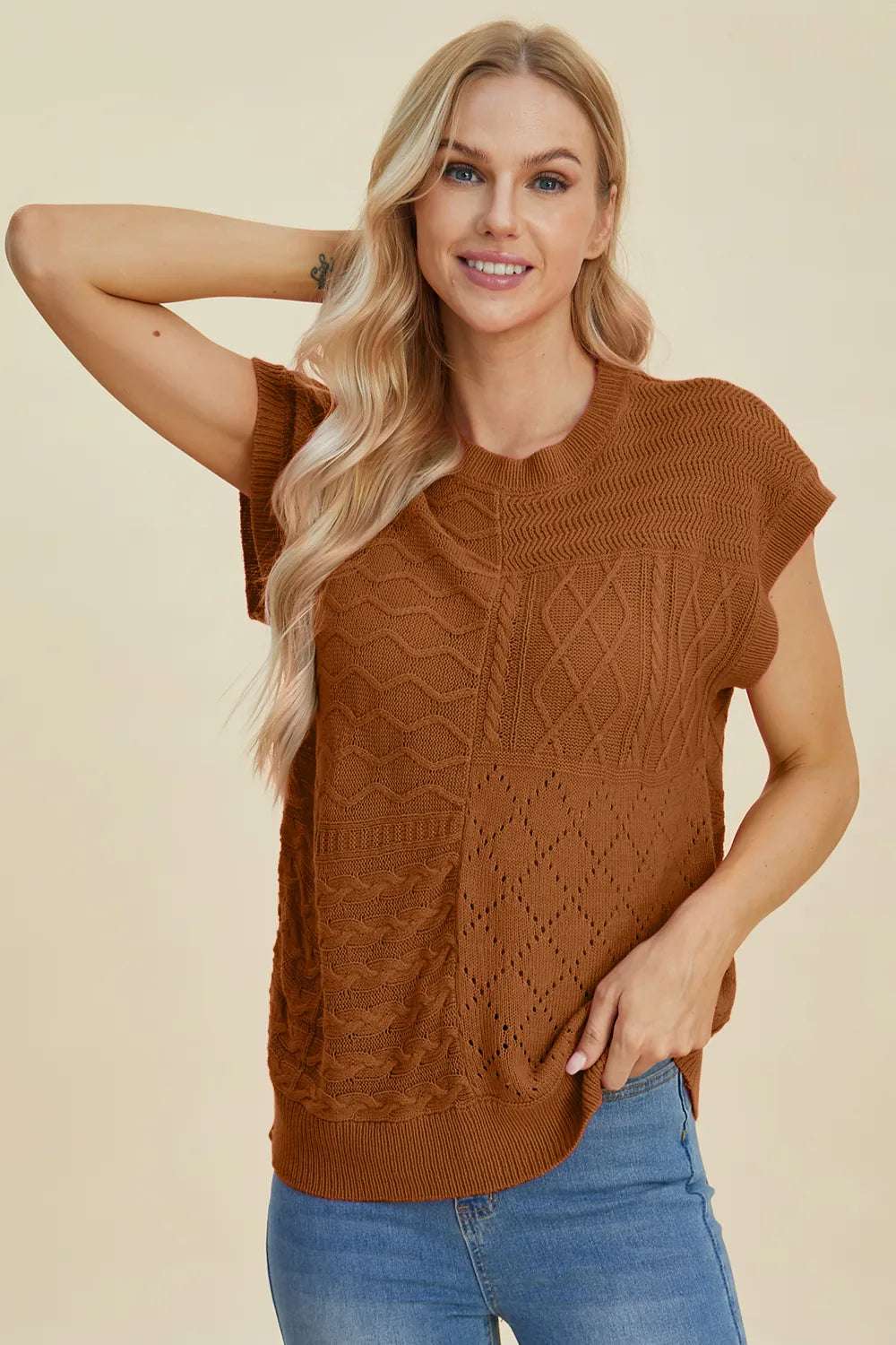mirrorquenn Double Take Full Size Cable-Knit Round Neck Cap Sleeve Sweater in shop online women's fashion