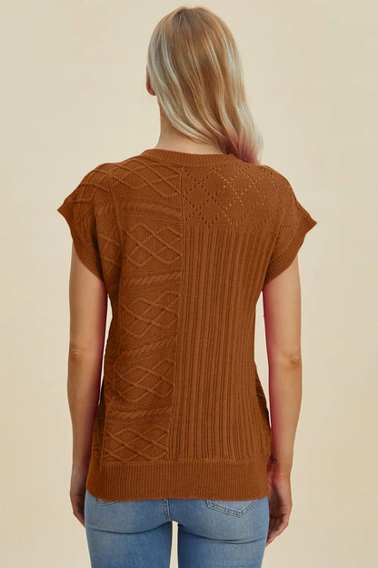 mirrorquenn Double Take Full Size Cable-Knit Round Neck Cap Sleeve Sweater in shop online women's fashion