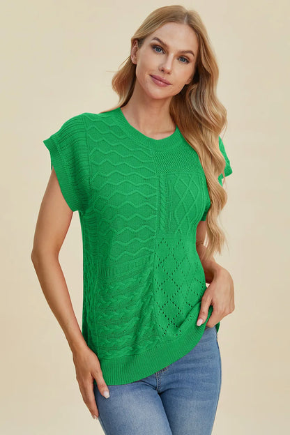 mirrorquenn Double Take Full Size Cable-Knit Round Neck Cap Sleeve Sweater in shop online women's fashion