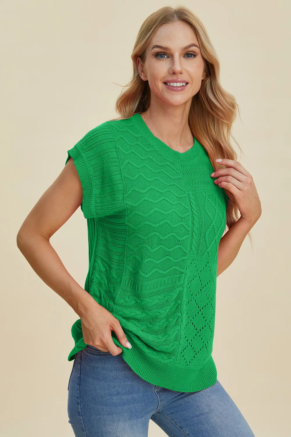 mirrorquenn Double Take Full Size Cable-Knit Round Neck Cap Sleeve Sweater in shop online women's fashion