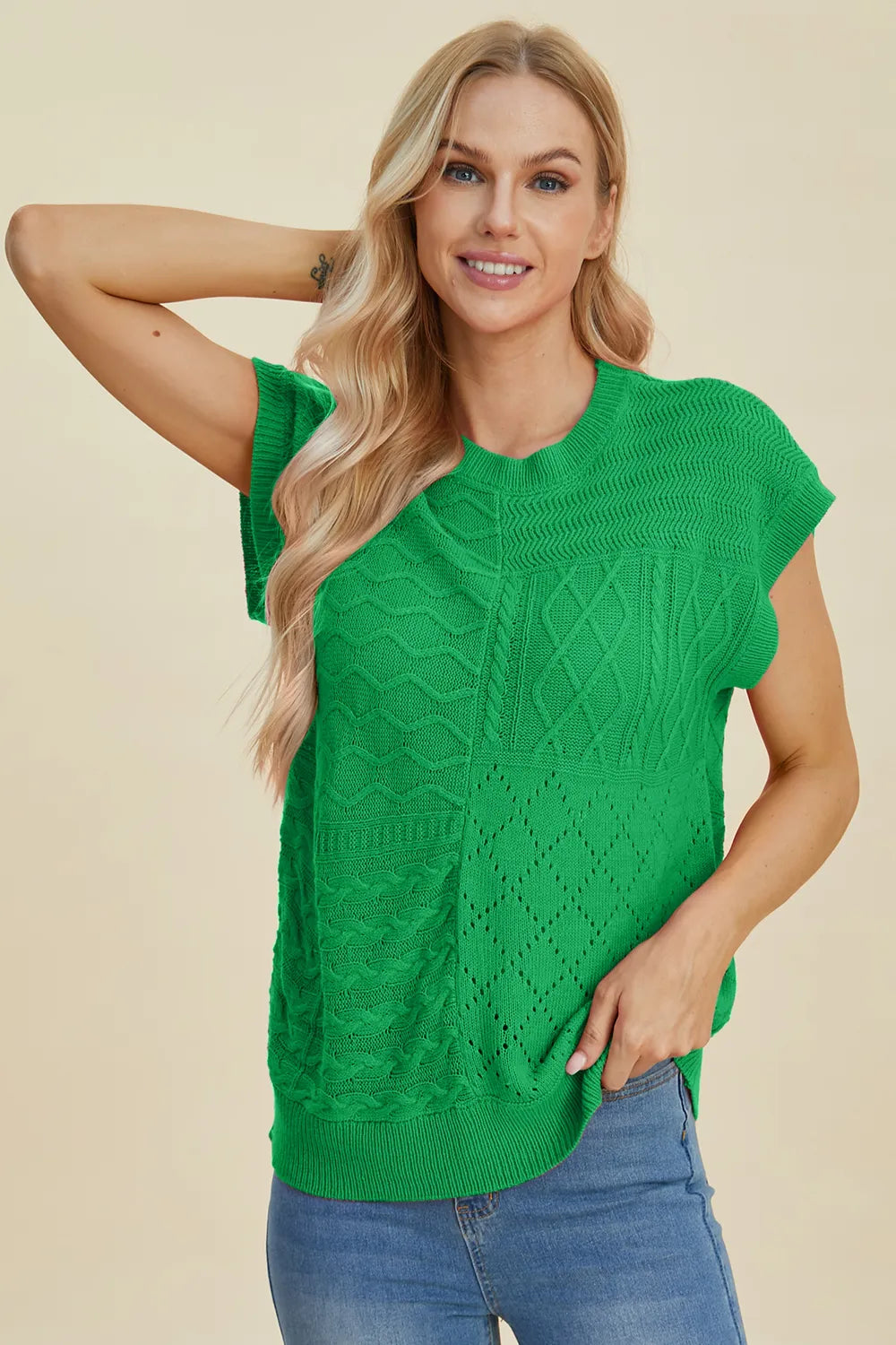 mirrorquenn Double Take Full Size Cable-Knit Round Neck Cap Sleeve Sweater in shop online women's fashion