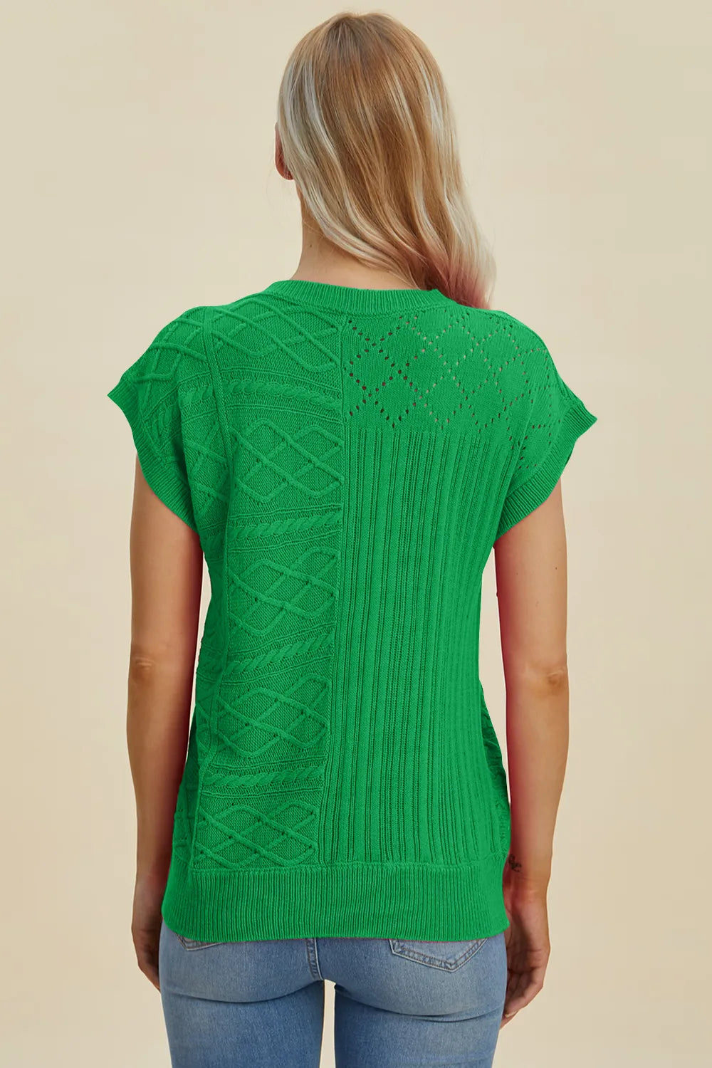 mirrorquenn Double Take Full Size Cable-Knit Round Neck Cap Sleeve Sweater in shop online women's fashion