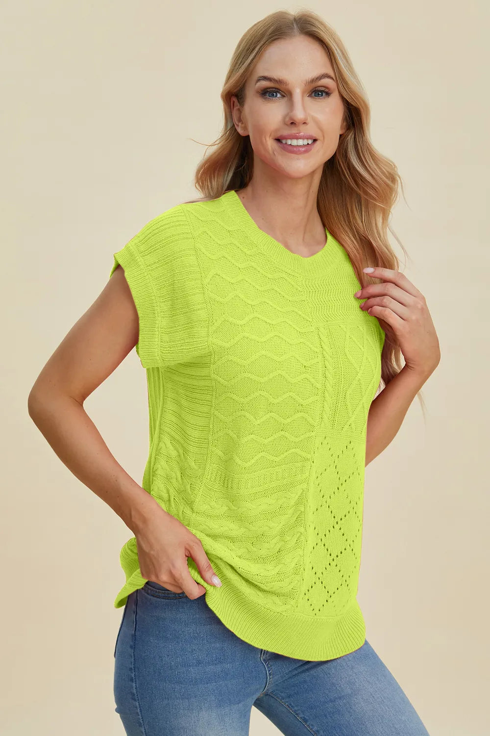 mirrorquenn Double Take Full Size Cable-Knit Round Neck Cap Sleeve Sweater in shop online women's fashion
