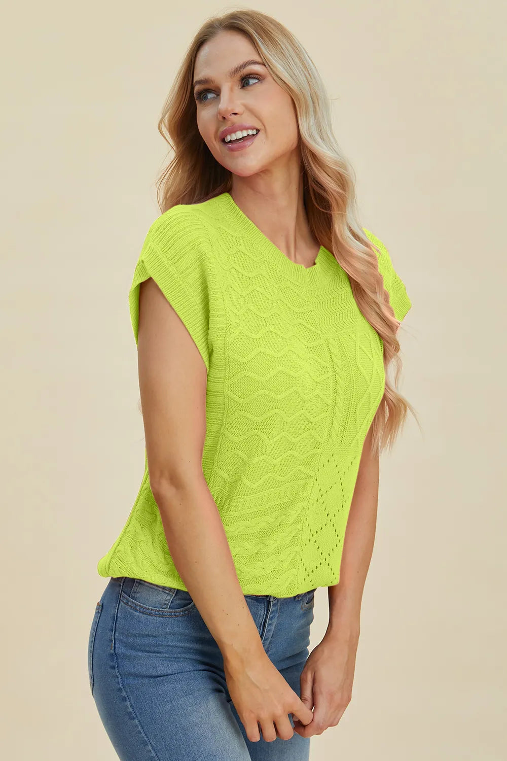 mirrorquenn Double Take Full Size Cable-Knit Round Neck Cap Sleeve Sweater in shop online women's fashion