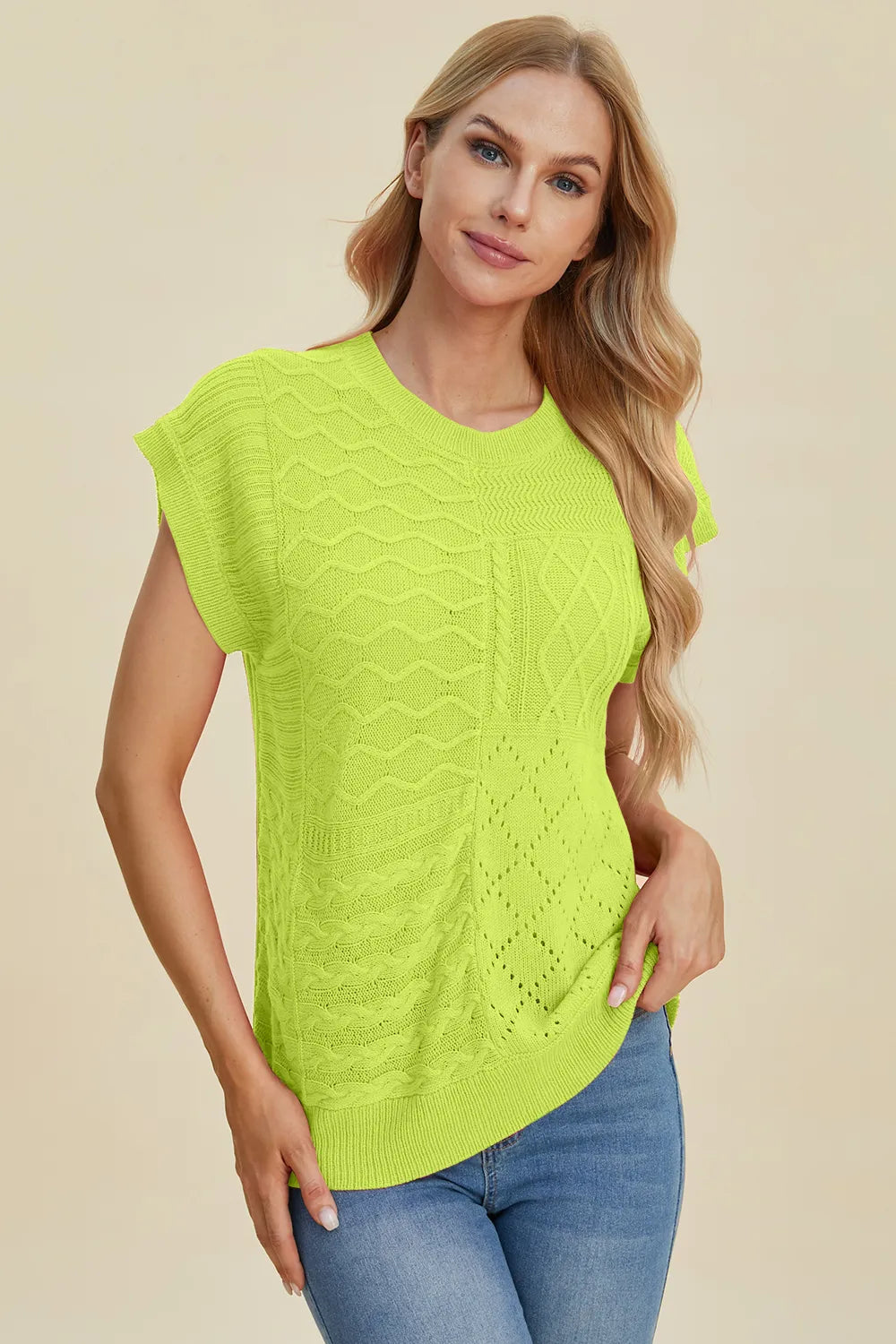 mirrorquenn Double Take Full Size Cable-Knit Round Neck Cap Sleeve Sweater in shop online women's fashion