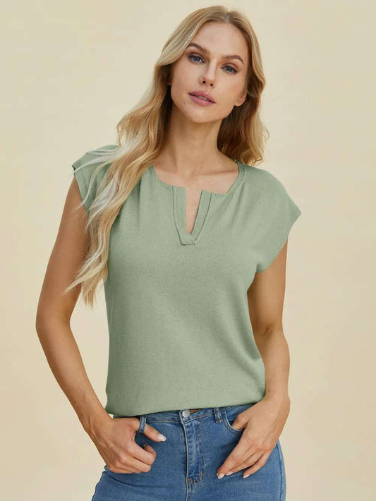 mirrorquenn Double Take Full Size Notched Cap Sleeve Knit Top in shop online women's fashion
