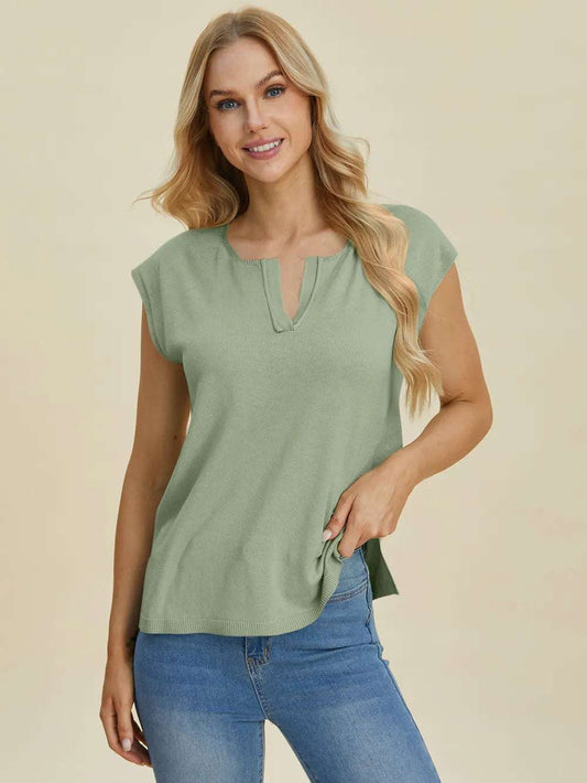 mirrorquenn Double Take Full Size Notched Cap Sleeve Knit Top in shop online women's fashion