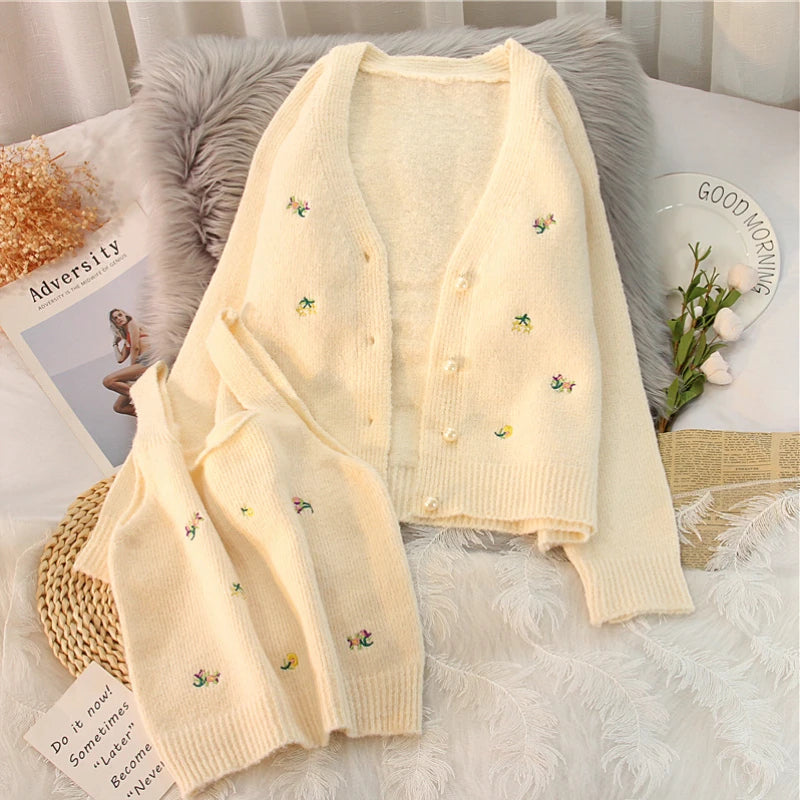mirrorquenn Flower Knit Cardigan Set in shop online women's fashion