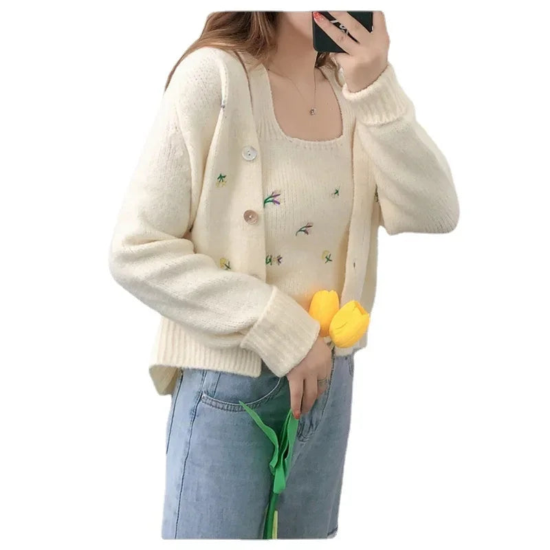 mirrorquenn Flower Knit Cardigan Set in shop online women's fashion