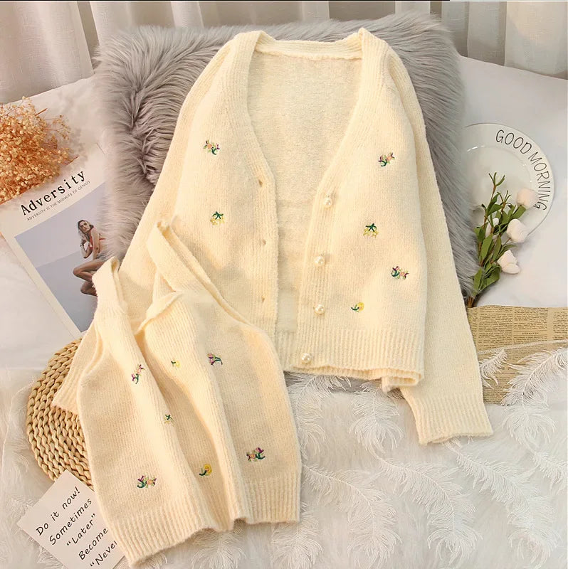 mirrorquenn Flower Knit Cardigan Set in shop online women's fashion