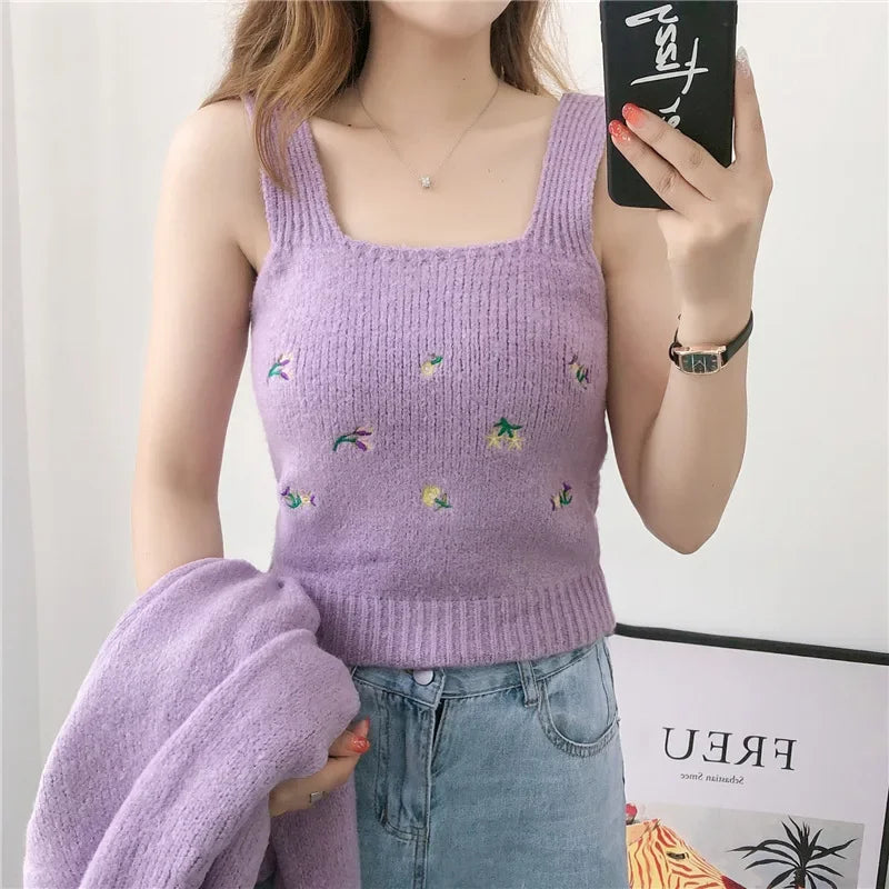 mirrorquenn Flower Knit Cardigan Set in shop online women's fashion