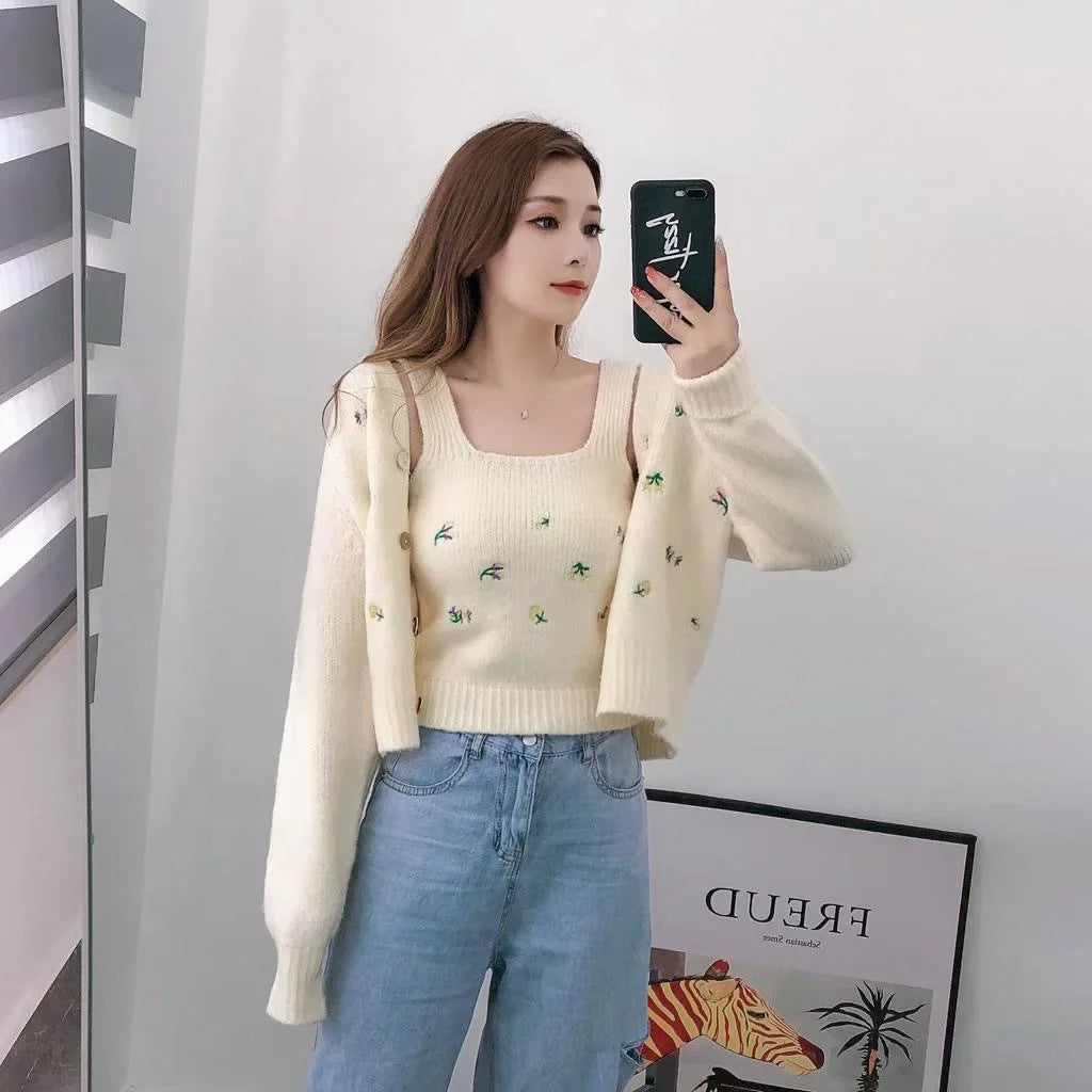 mirrorquenn Flower Knit Cardigan Set in shop online women's fashion