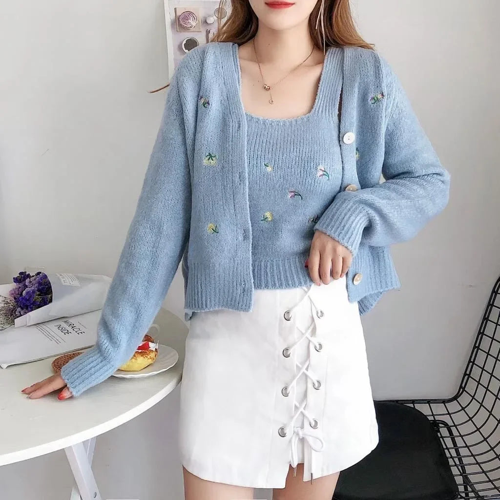 mirrorquenn Flower Knit Cardigan Set in shop online women's fashion