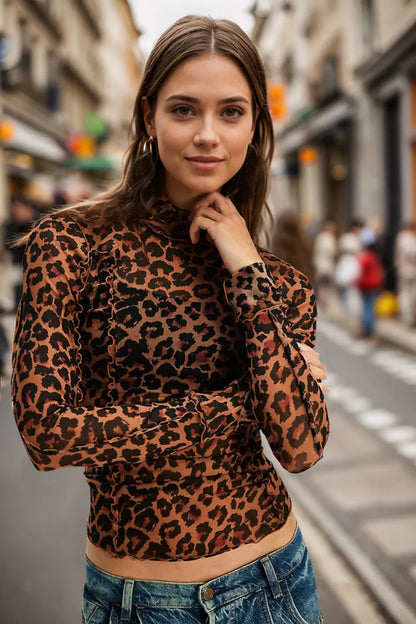 mirrorquenn Full Size Frill Printed Mock Neck Long Sleeve Top in shop online women's fashion