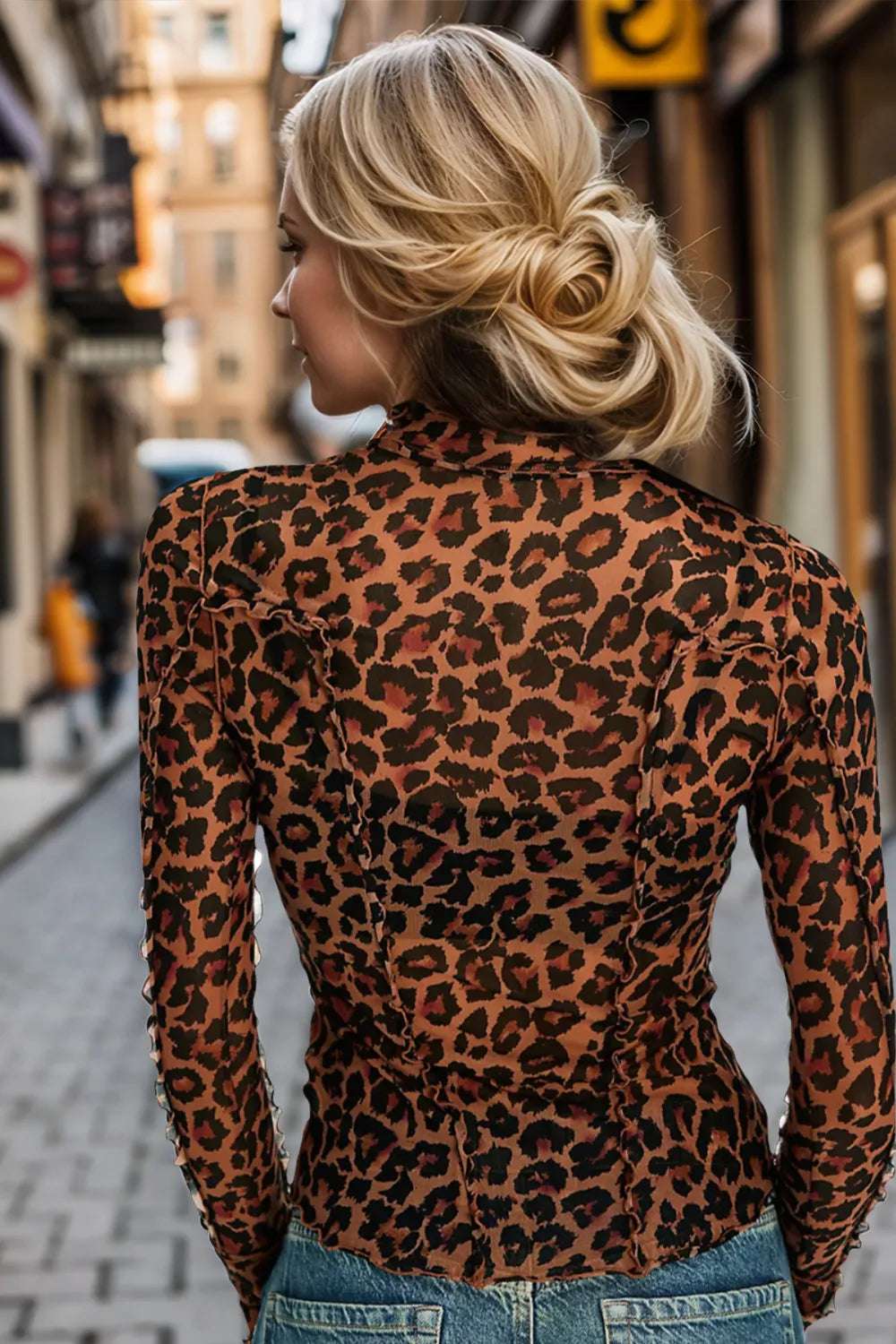 mirrorquenn Full Size Frill Printed Mock Neck Long Sleeve Top in shop online women's fashion