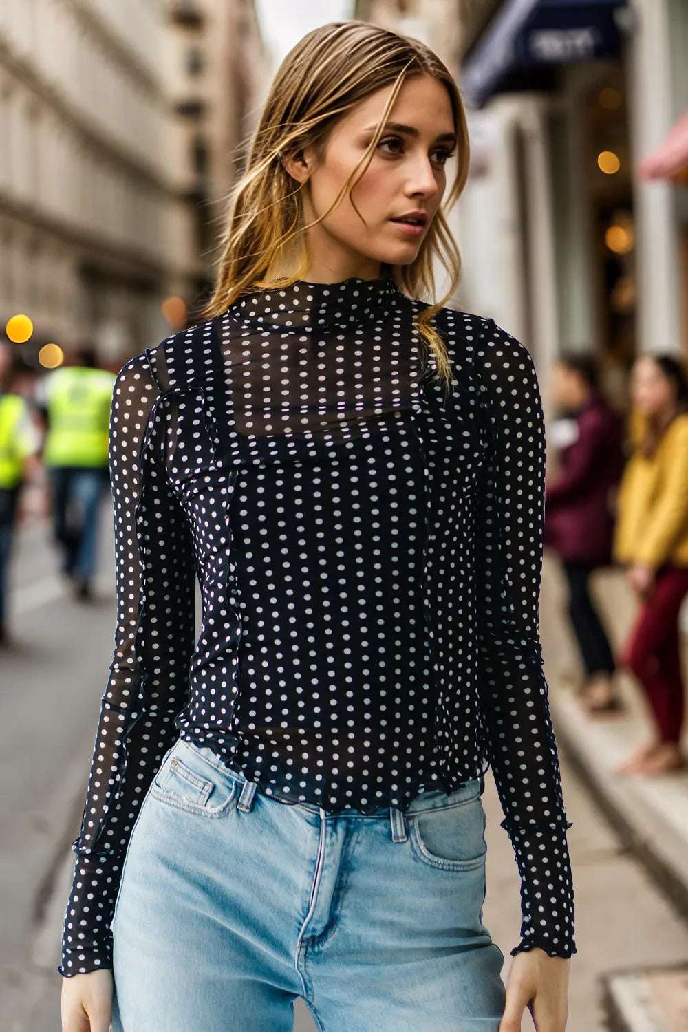 mirrorquenn Full Size Frill Printed Mock Neck Long Sleeve Top in shop online women's fashion