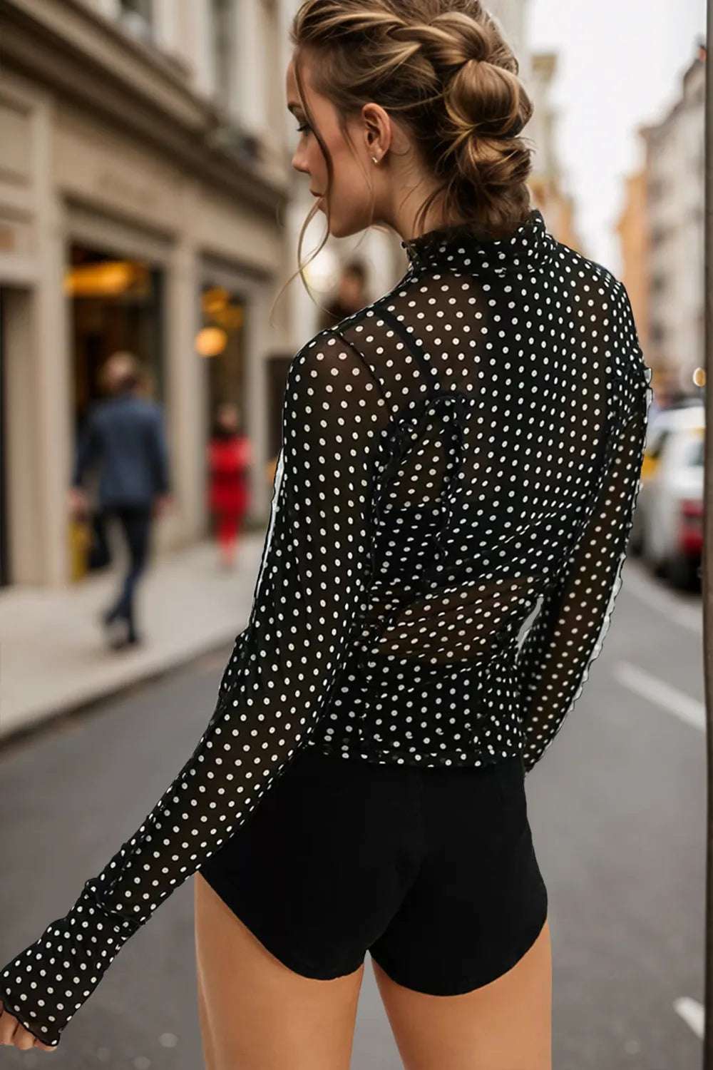 mirrorquenn Full Size Frill Printed Mock Neck Long Sleeve Top in shop online women's fashion