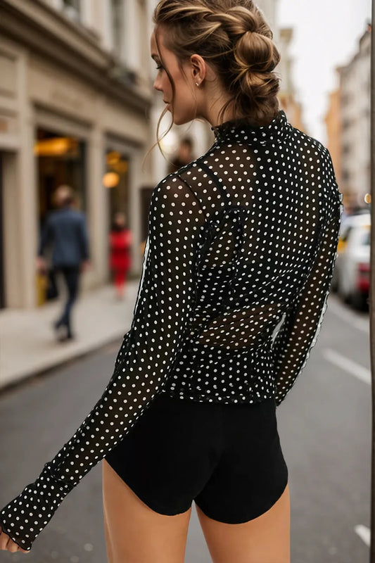 mirrorquenn Full Size Frill Printed Mock Neck Long Sleeve Top in shop online women's fashion