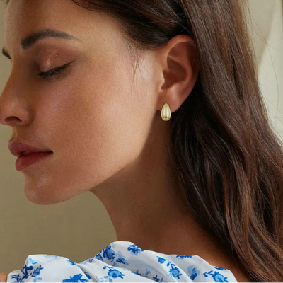 Customer wearing Glossy Waterdrop Sterling Silver Earrings