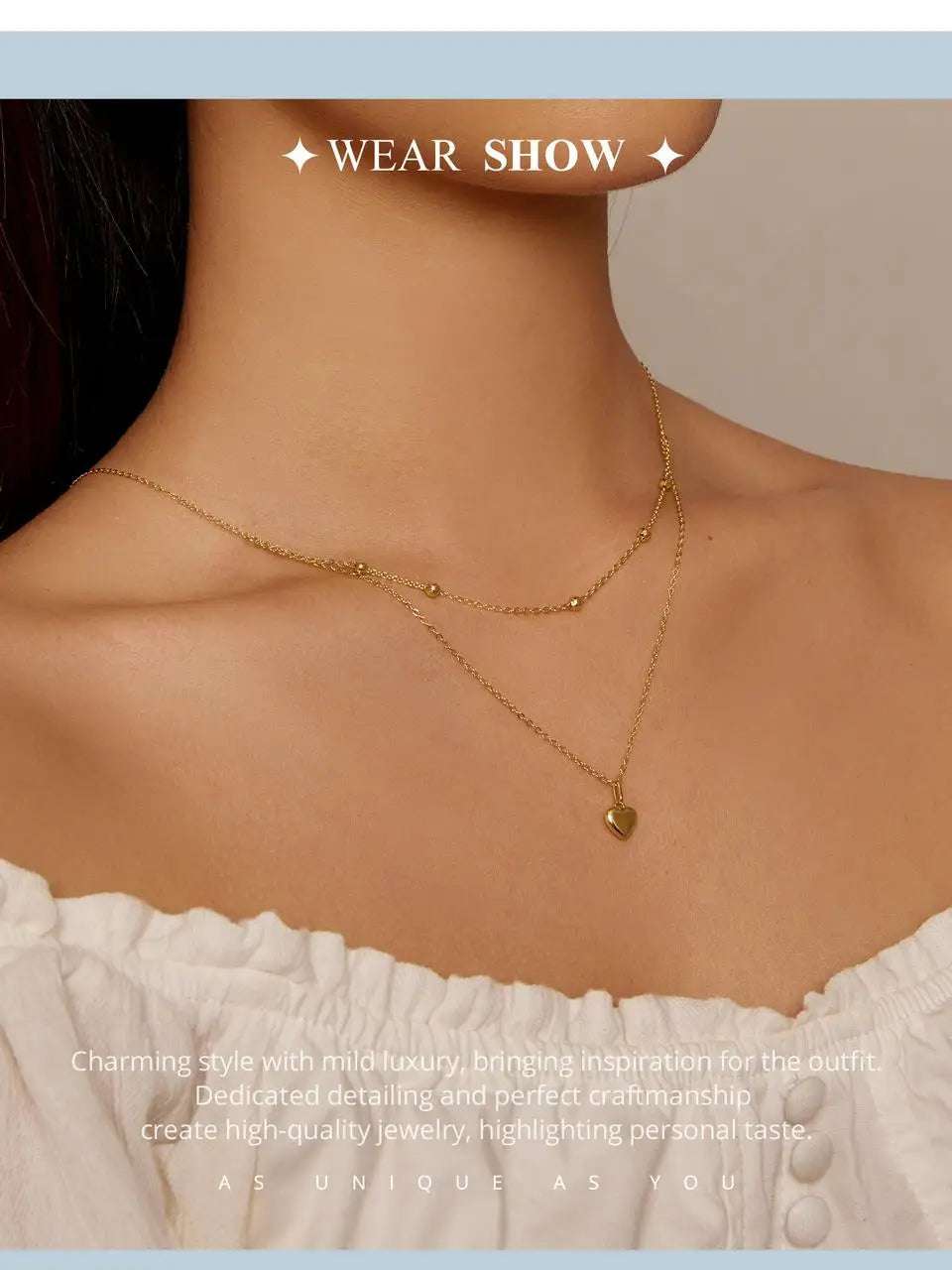 mirrorquenn Gold Double Layer Heart Necklace Sterling Silver in shop online women's fashion