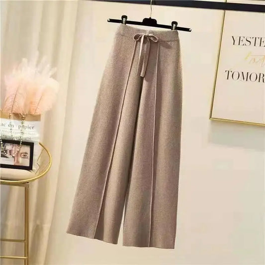 mirrorquenn High-Waisted Knitted Wide-Leg Pants – Casual Loose Fit in shop online women's fashion