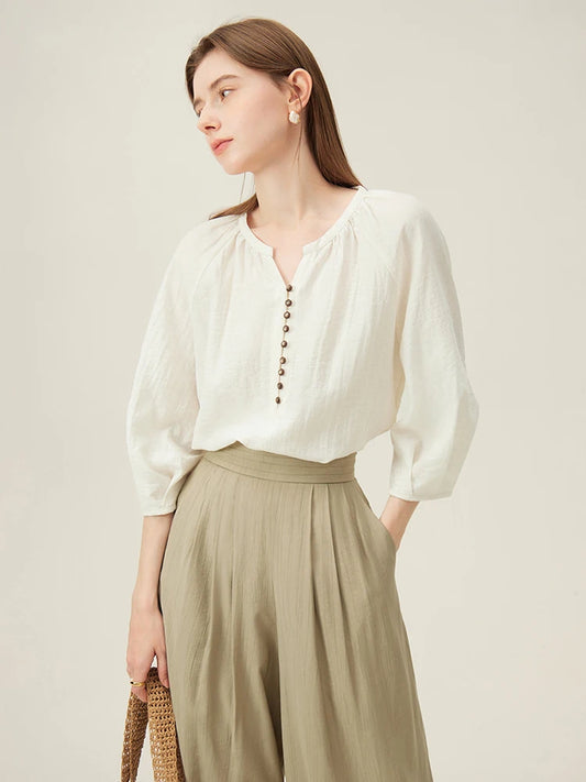 mirrorquenn Linen Blend Three-Quarter Blouse in shop online women's fashion