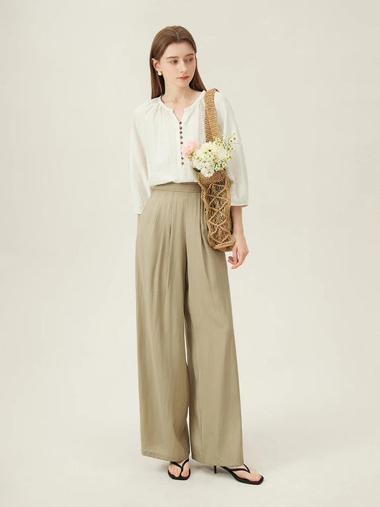 mirrorquenn Linen Blend Three-Quarter Blouse in shop online women's fashion
