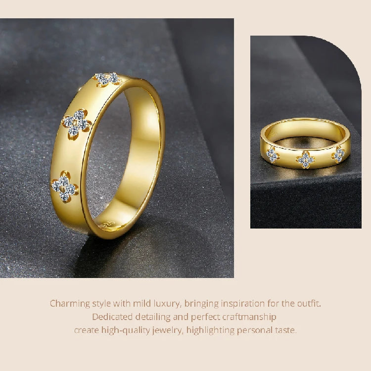   MirrorQuenn  Lucky Four-Leaf Clover Moissanite Ring | 18K Gold Plated S925 Silver Gold Plated / 6-Gold Plated / 7-Gold Plated / 8 