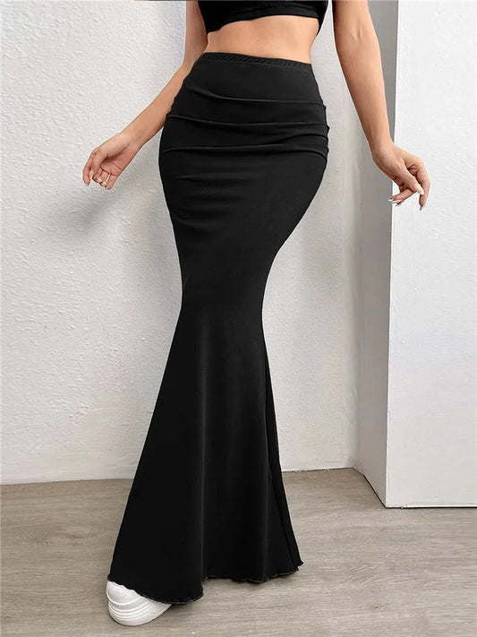 mirrorquenn Mermaid Ruched High Waist Maxi Skirt in shop online women's fashion