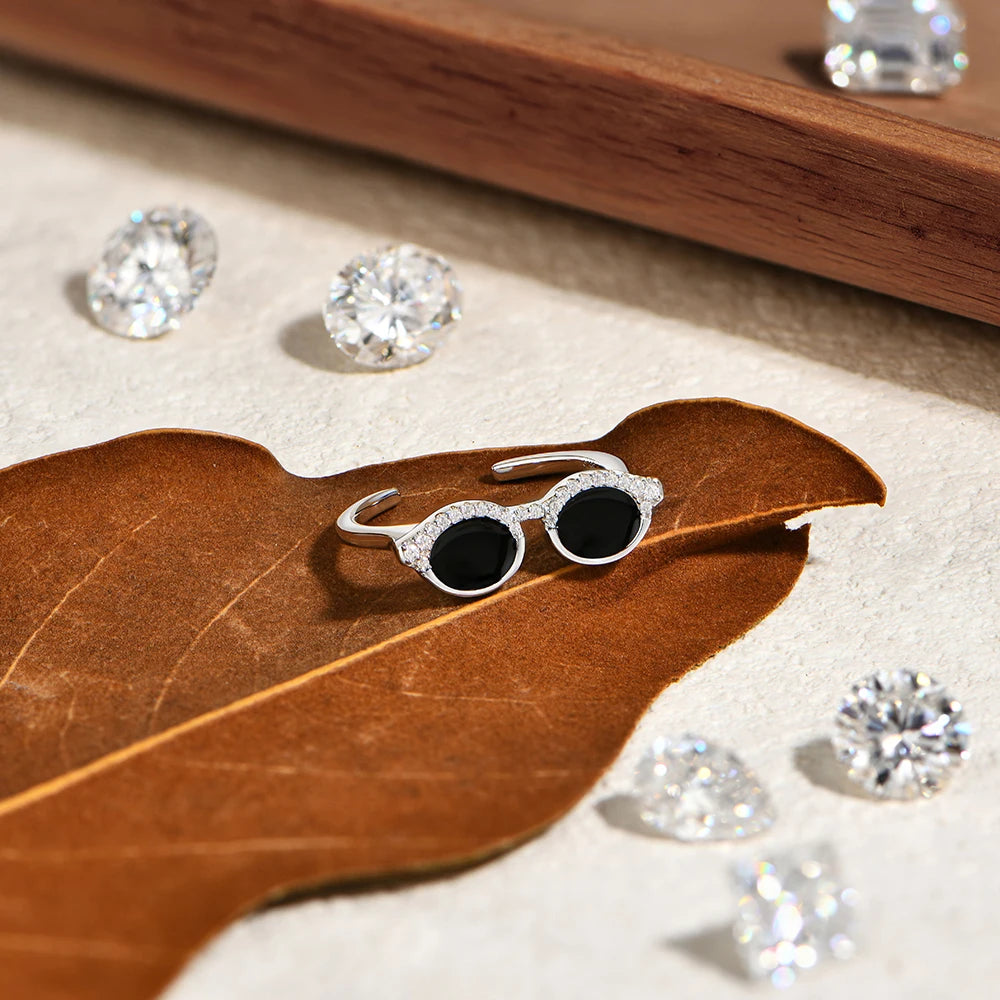   MirrorQuenn  Mini Glasses Moissanite Adjustable Ring in S925 Sterling Silver 925 Sterling Silver / White Gold Plated / 7-925 Sterling Silver / White Gold Plated / 5-925 Sterling Silver / White Gold Plated / 9-925 Sterling Silver / Yellow Gold Plated / 7-925 Sterling Silver / Yellow Gold Plated / 5 