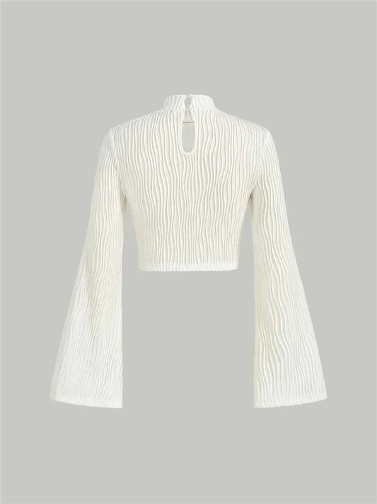mirrorquenn Mock Neck Flare Sleeve Ribbed Crop Top in shop online women's fashion