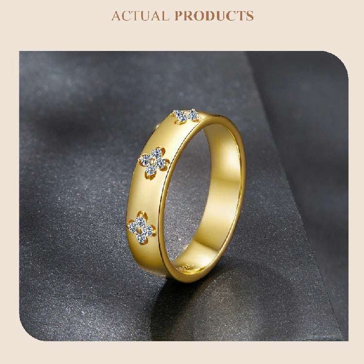 mirrorquenn Moissanite Clover Ring 925 Sterling Silver Gold Plated Band in shop online women's fashion