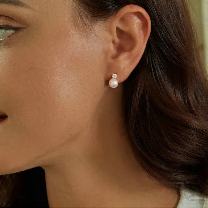   MirrorQuenn  Moissanite & Pearl Sterling Silver Stud Earrings 0.1CT-0.5CT 