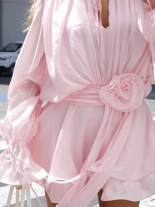 mirrorquenn Pink 3D Flower Ruffle Hem Mini Dress – Summer 2025 in shop online women's fashion