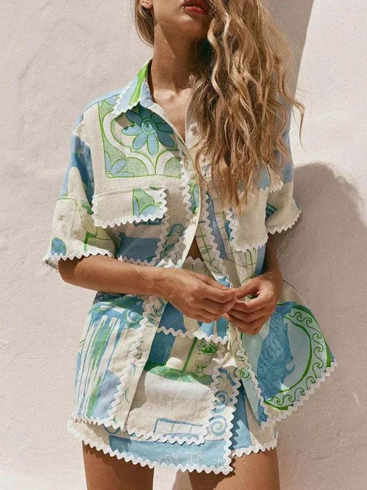 mirrorquenn Printed Patchwork V-Neck Shorts Set – Summer 2025 in shop online women's fashion
