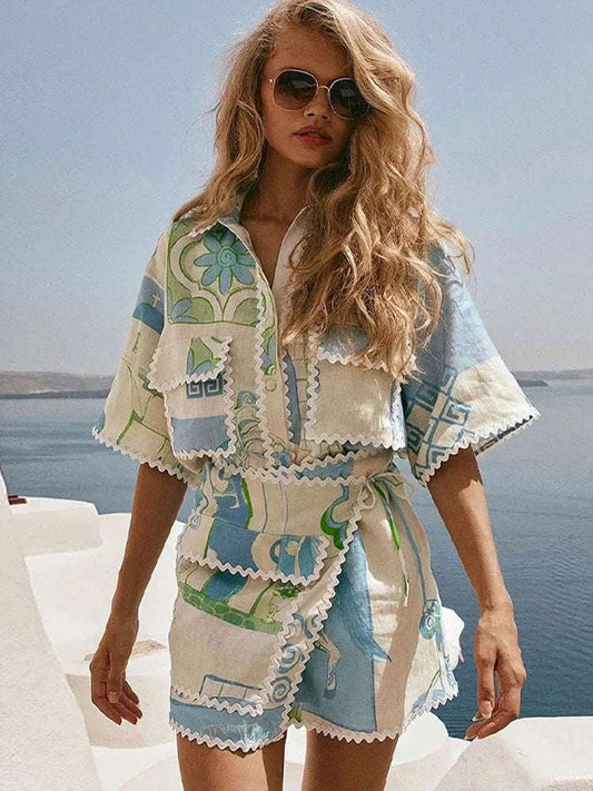 mirrorquenn Printed Patchwork V-Neck Shorts Set – Summer 2025 in shop online women's fashion