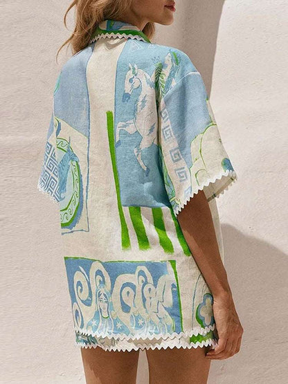 mirrorquenn Printed Patchwork V-Neck Shorts Set – Summer 2025 in shop online women's fashion