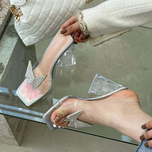 mirrorquenn Rhinestone Bow Clear Heels in shop online women's fashion