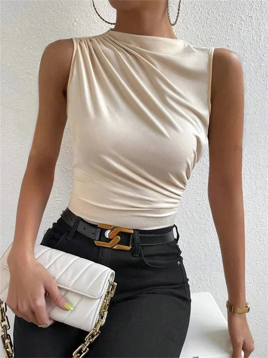 mirrorquenn Ruched Mock Neck Slim Tank Top in shop online women's fashion