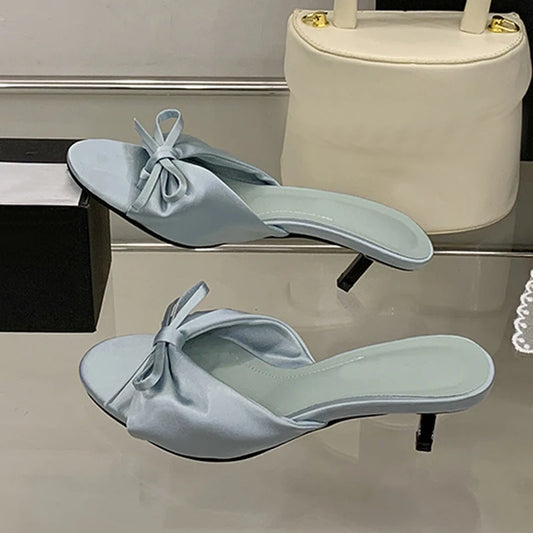 mirrorquenn Silk Butterfly Low Heel Mules in shop online women's fashion