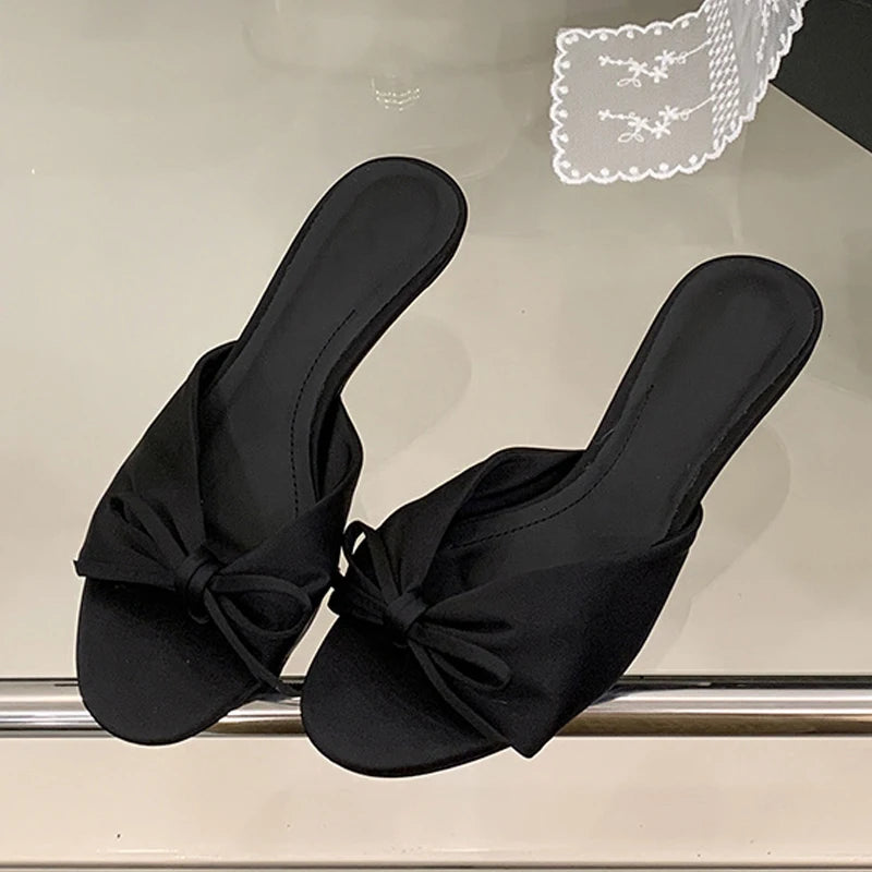mirrorquenn Silk Butterfly Low Heel Mules in shop online women's fashion