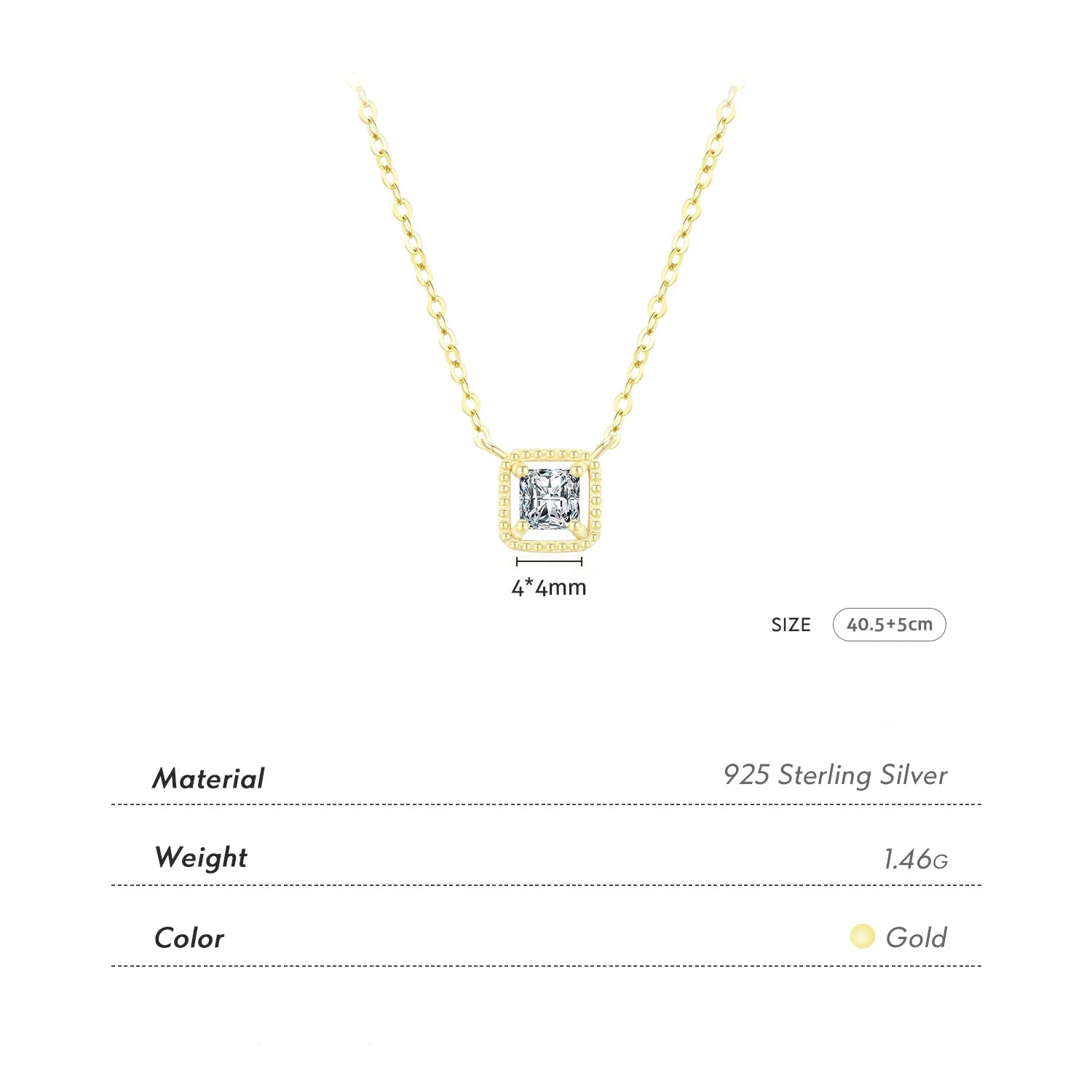   MirrorQuenn  Sterling Silver Square Zirconia Pendant Necklace Gold 