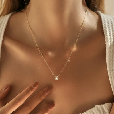 Customer wearing Sterling Silver Square Zirconia Pendant Necklace
