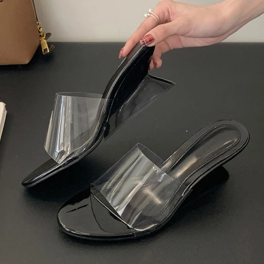 mirrorquenn Strange Wedge Clear Mules in shop online women's fashion