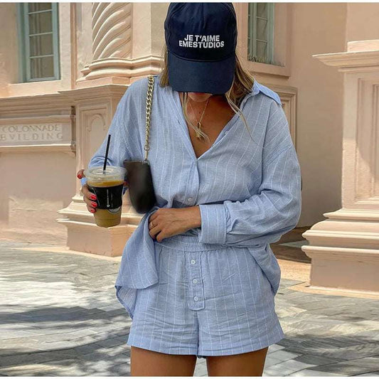 mirrorquenn Striped Backless Shirt & Shorts Set – Summer 2025 in shop online women's fashion