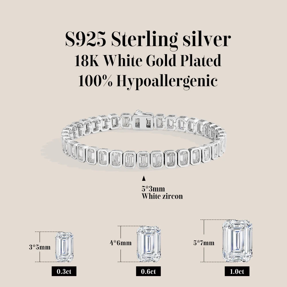   MirrorQuenn bracelets The Grand Emerald Cut Tennis Bracelet S925 Sterling Silver / White Gold / 17cm-S925 Sterling Silver / White Gold / 15cm-S925 Sterling Silver / White Gold / 16cm-S925 Sterling Silver / White Gold / 18cm-S925 Sterling Silver / White Gold / 19cm 