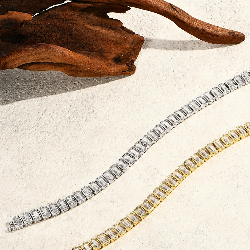   MirrorQuenn bracelets The Grand Emerald Cut Tennis Bracelet S925 Sterling Silver / White Gold / 17cm-S925 Sterling Silver / White Gold / 15cm-S925 Sterling Silver / White Gold / 16cm-S925 Sterling Silver / White Gold / 18cm-S925 Sterling Silver / White Gold / 19cm 