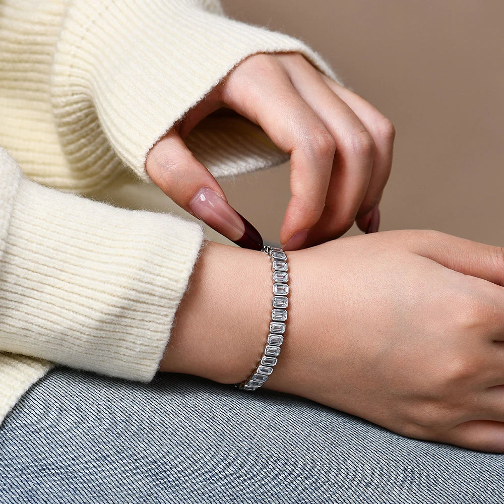   MirrorQuenn bracelets The Grand Emerald Cut Tennis Bracelet S925 Sterling Silver / White Gold / 17cm-S925 Sterling Silver / White Gold / 15cm-S925 Sterling Silver / White Gold / 16cm-S925 Sterling Silver / White Gold / 18cm-S925 Sterling Silver / White Gold / 19cm 