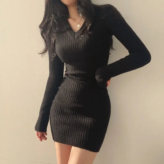 mirrorquenn V-Neck Knit Bodycon Sweater Dress – Autumn/Winter Edition in shop online women's fashion