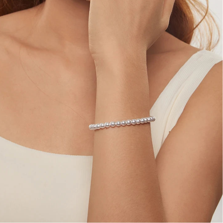   MirrorQuenn  White Pearl & Sterling Silver Beaded Bracelet Thickness 0.8cm-Thickness 0.5cm 